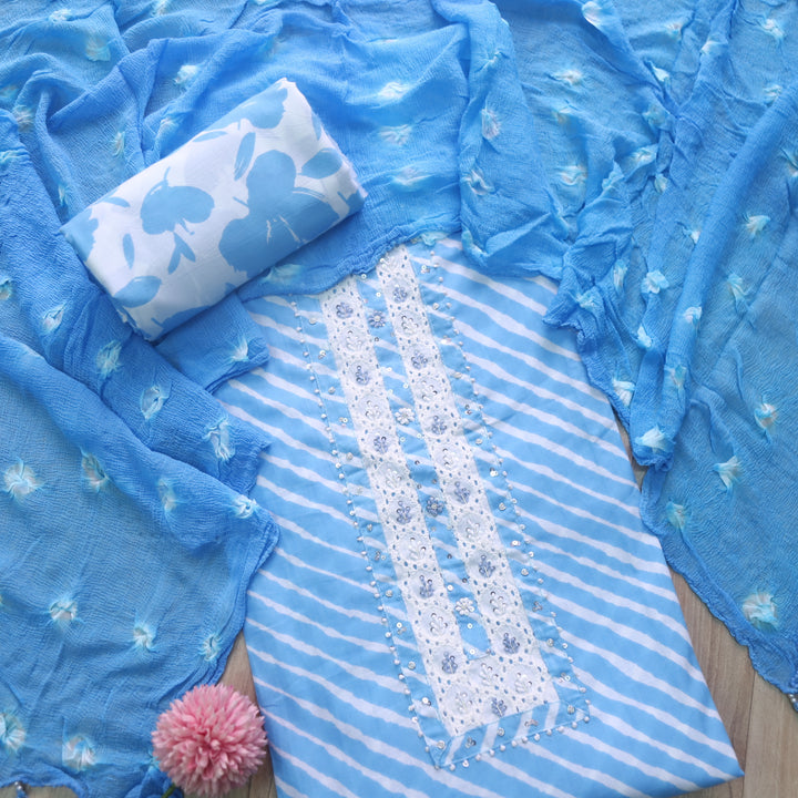 Rahi Sky Blue Embellish Neck Patch leheriya Print Cotton Suit Set