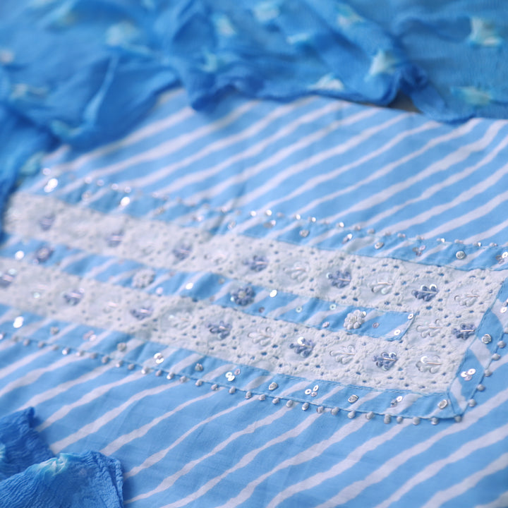 Rahi Sky Blue Embellish Neck Patch leheriya Print Cotton Suit Set