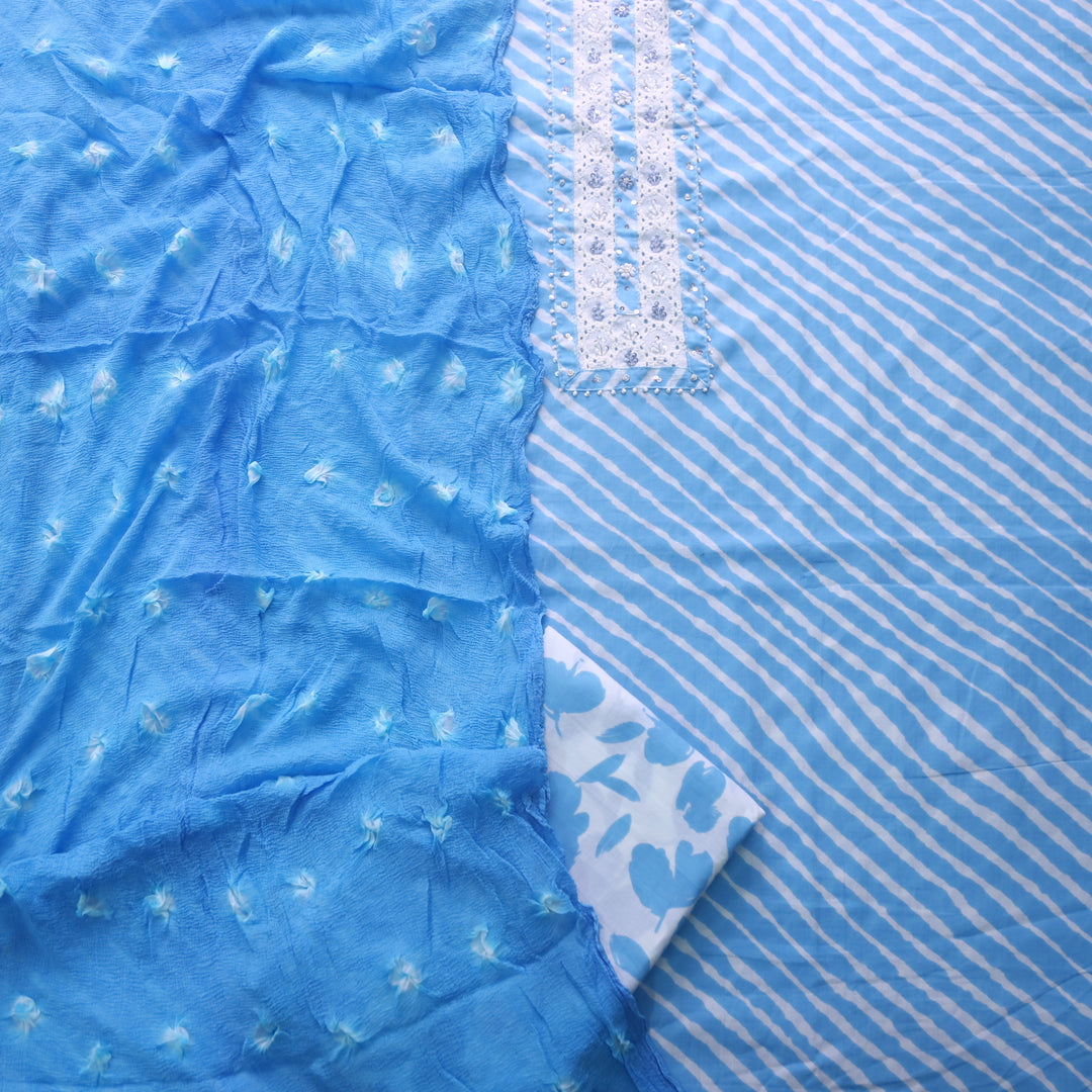 Rahi Sky Blue Embellish Neck Patch leheriya Print Cotton Suit Set