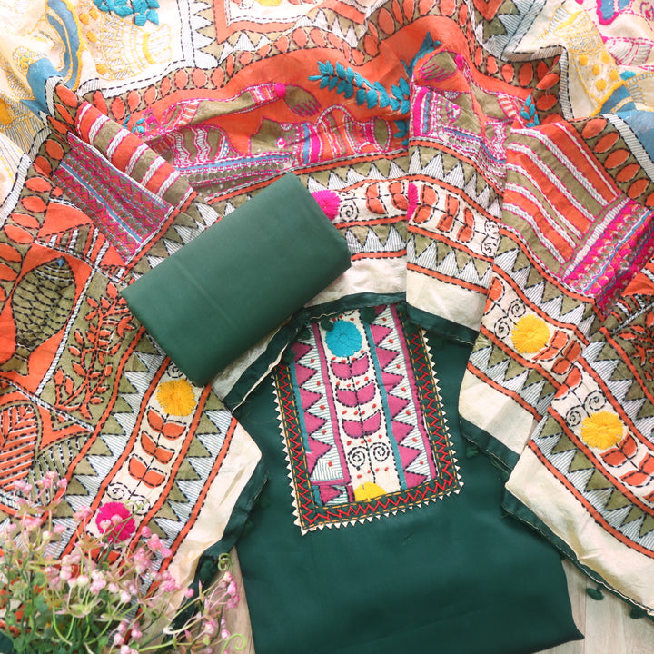 Kudiya Sacramento Green Phulkari Glazed Cotton Top With Art Silk Dupatta