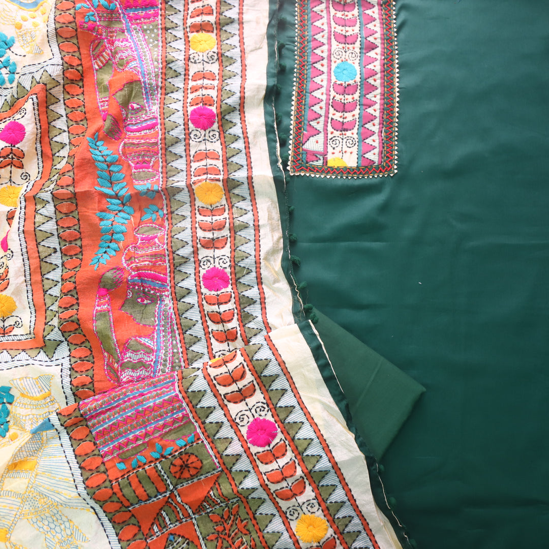 Kudiya Sacramento Green Phulkari Glazed Cotton Top With Art Silk Dupatta