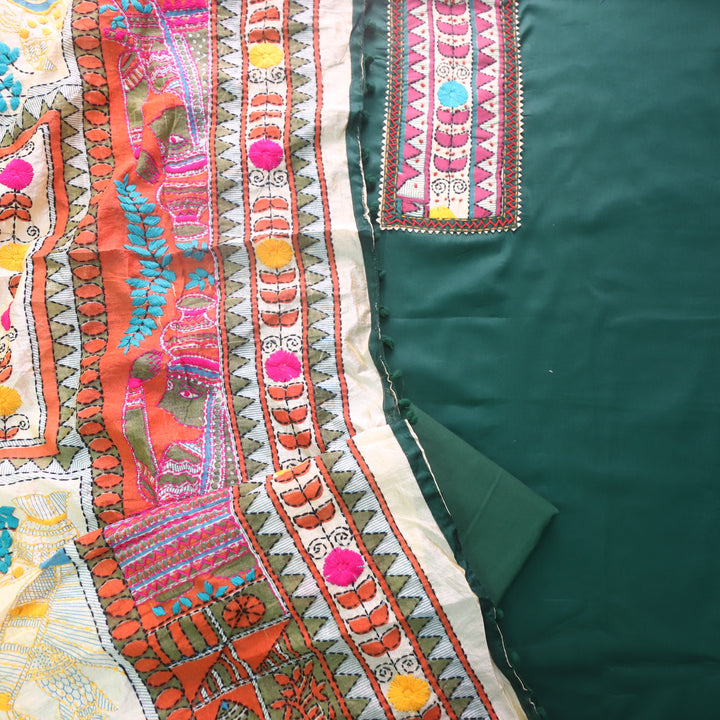 Kudiya Sacramento Green Phulkari Glazed Cotton Top With Art Silk Dupatta