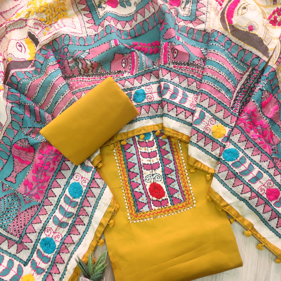 Kudiya Canary Yellow Phulkari Glazed Cotton Top With Art Silk Dupatta