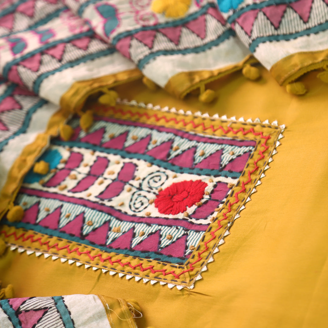 Kudiya Canary Yellow Phulkari Glazed Cotton Top With Art Silk Dupatta