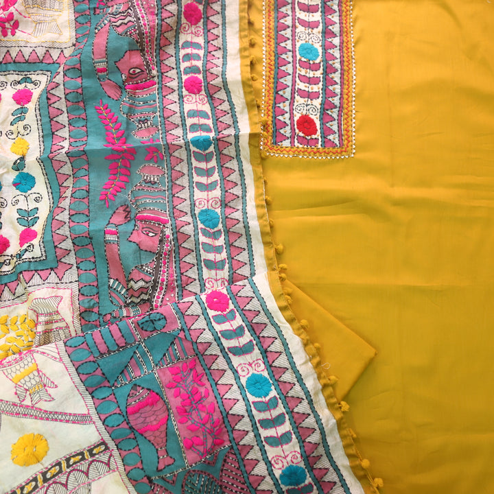 Kudiya Canary Yellow Phulkari Glazed Cotton Top With Art Silk Dupatta