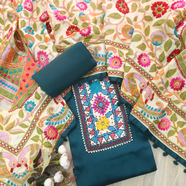Kudiya Cerulean Blue Phulkari Glazed Cotton Top With Art Silk Dupatta