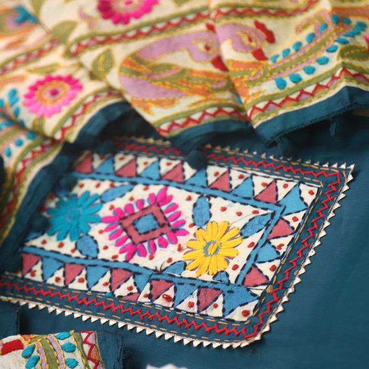 Kudiya Cerulean Blue Phulkari Glazed Cotton Top With Art Silk Dupatta