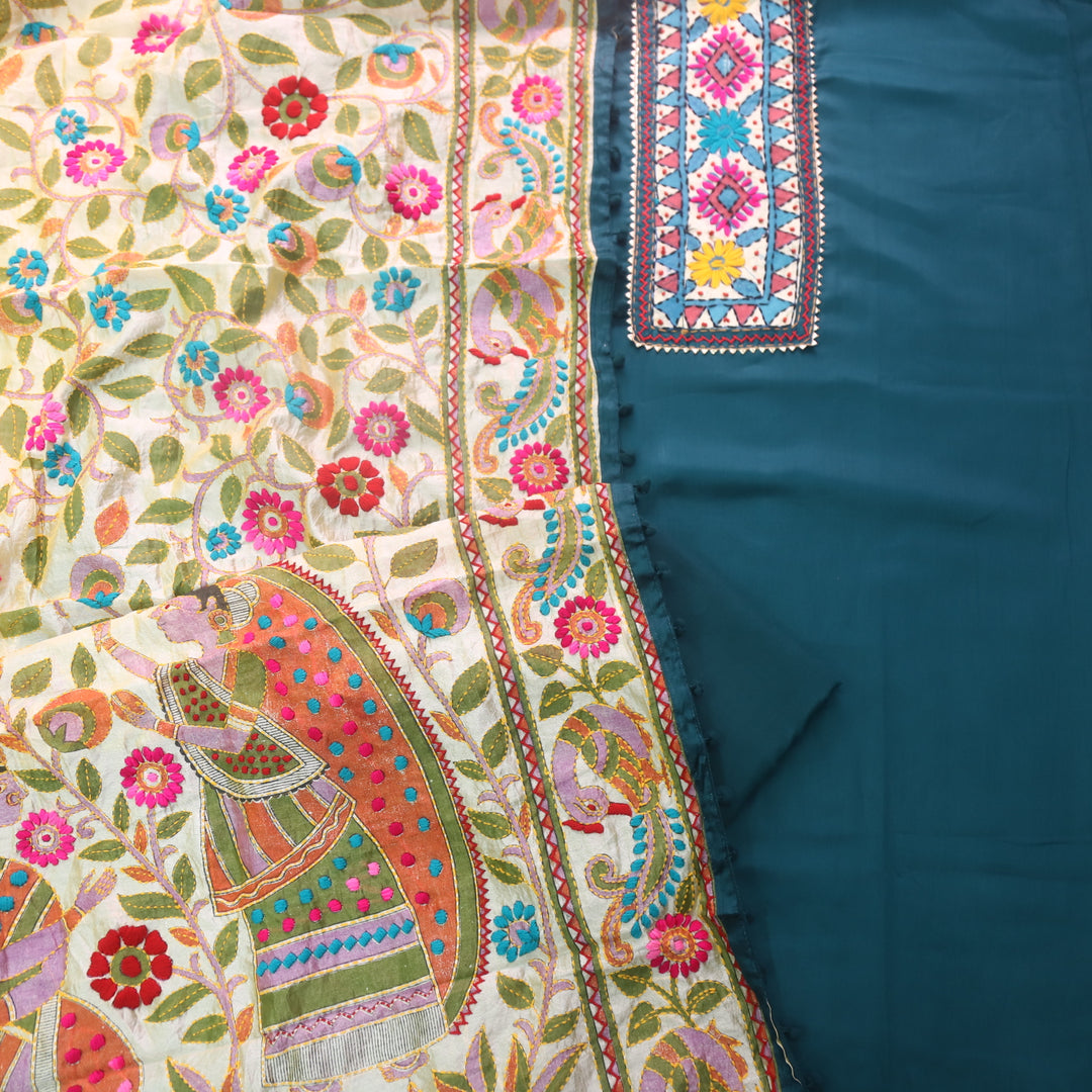 Kudiya Cerulean Blue Phulkari Glazed Cotton Top With Art Silk Dupatta