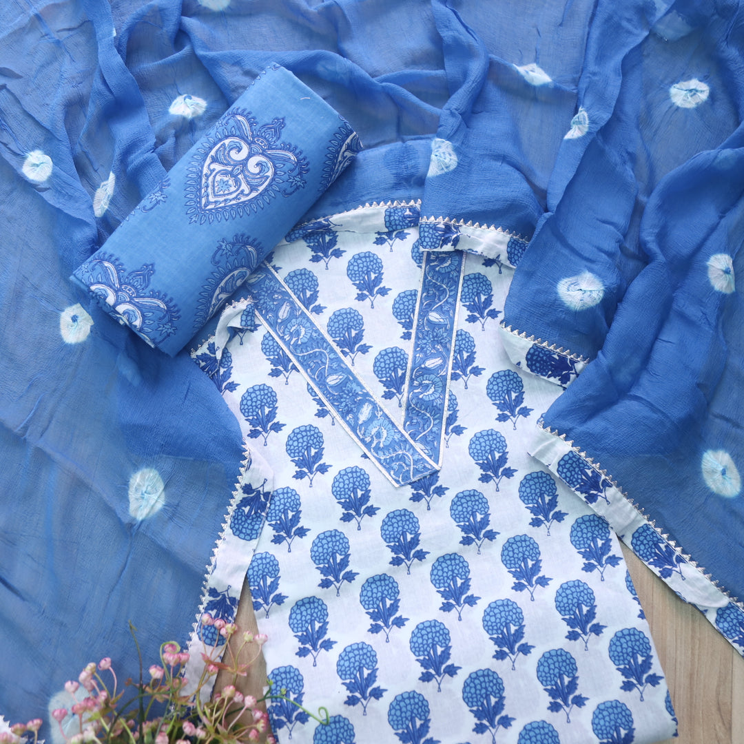 Rahi White with Blue Floral Digital Print V Neck Lace Cotton Suit Set