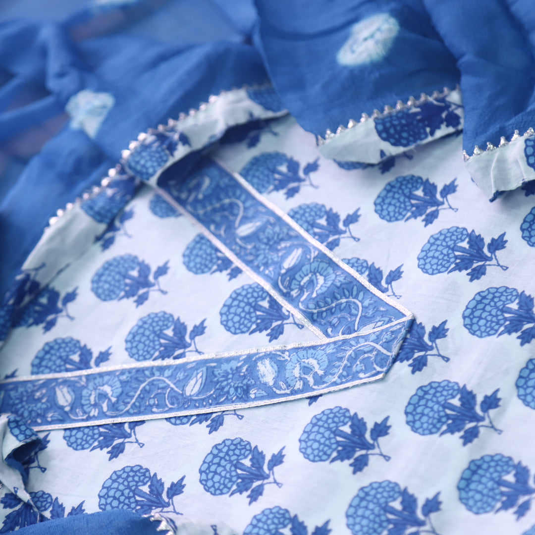 Rahi White with Blue Floral Digital Print V Neck Lace Cotton Suit Set