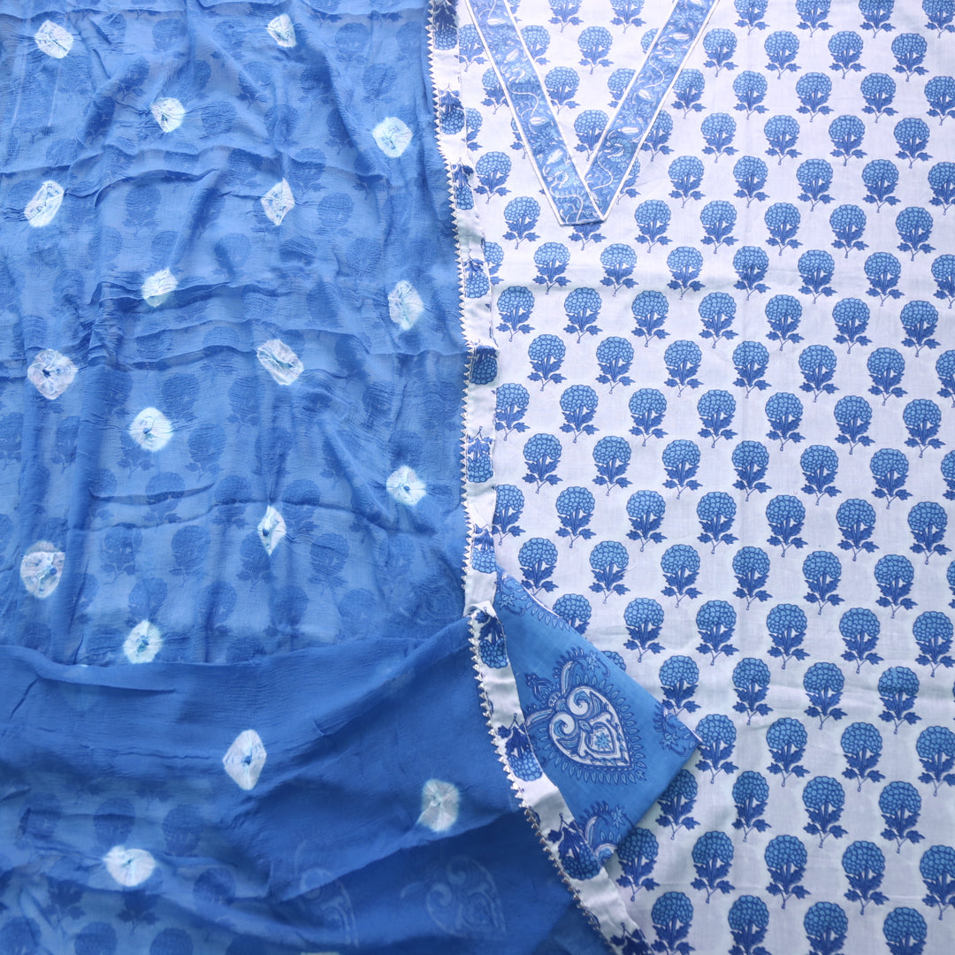 Rahi White with Blue Floral Digital Print V Neck Lace Cotton Suit Set