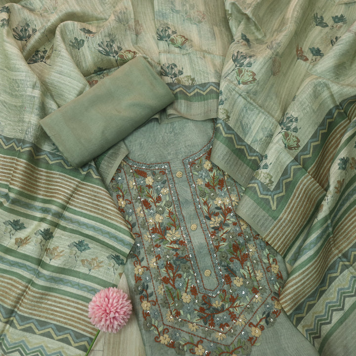 Hazzari Sage Green Thread Embroidered Chanderi Digital Printed Suit Set