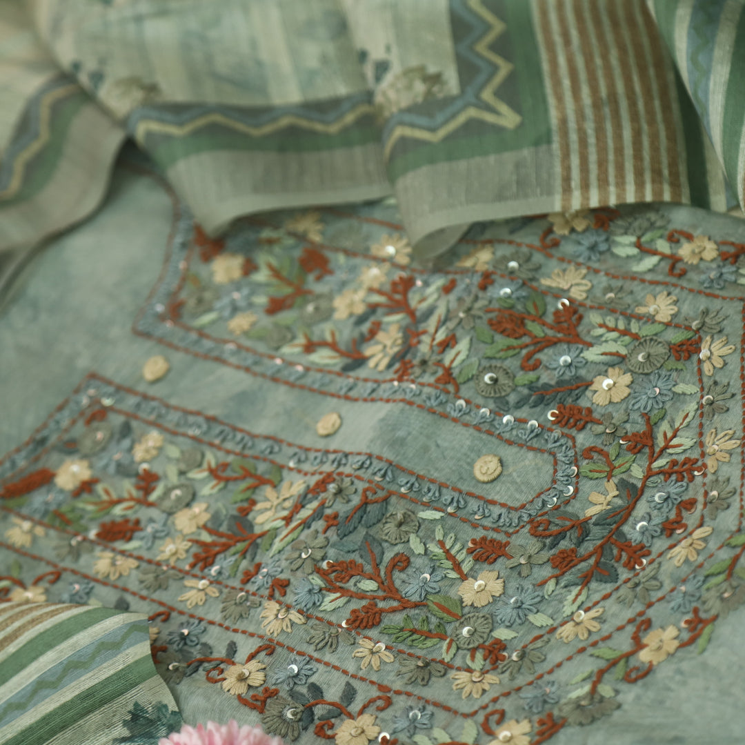 Hazzari Sage Green Thread Embroidered Chanderi Digital Printed Suit Set