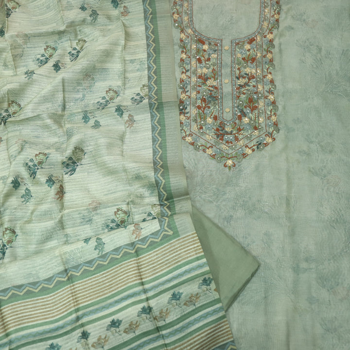 Hazzari Sage Green Thread Embroidered Chanderi Digital Printed Suit Set