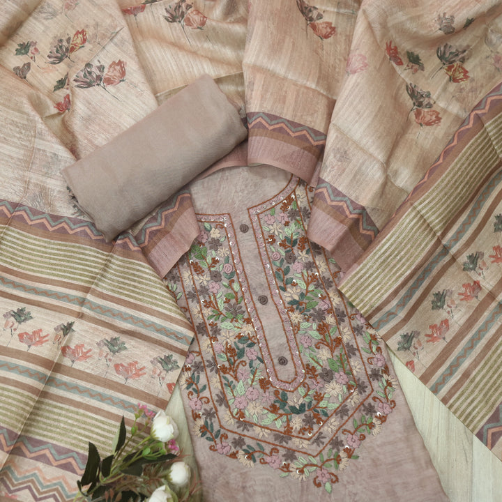Hazzari Sand Mauve Thread Embroidered Chanderi Digital Printed Suit Set