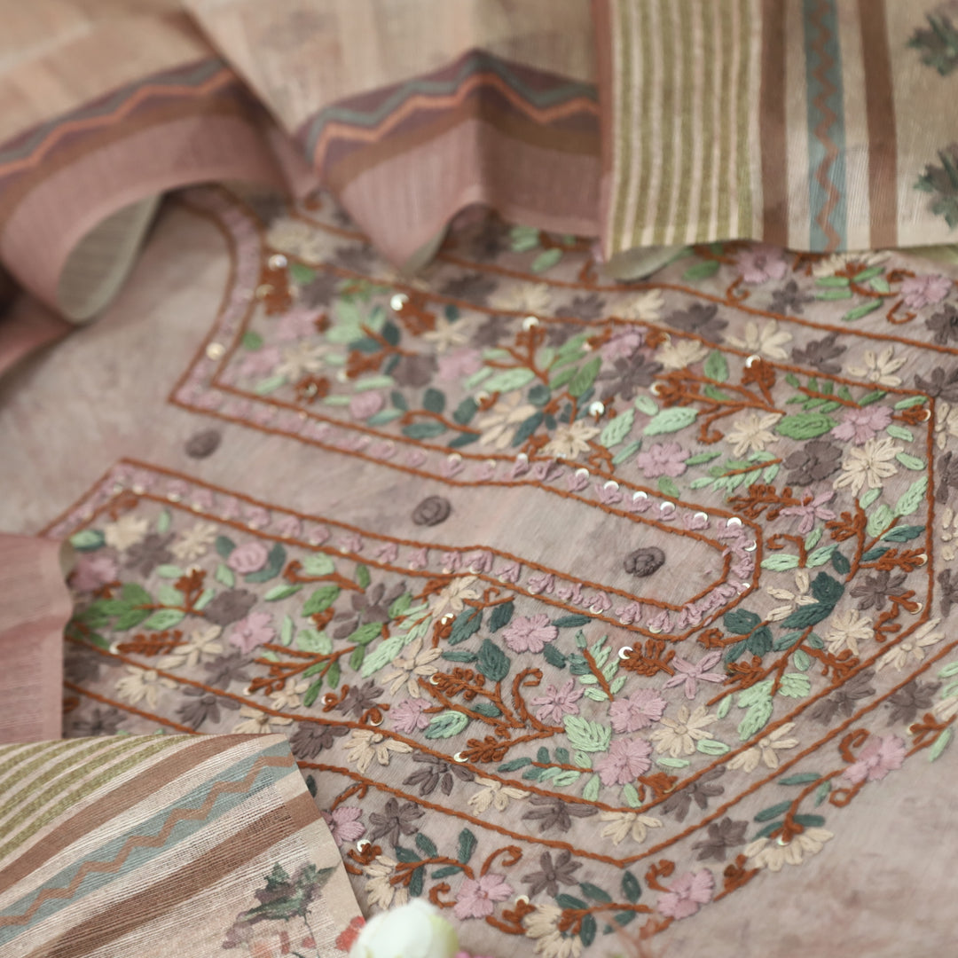 Hazzari Sand Mauve Thread Embroidered Chanderi Digital Printed Suit Set