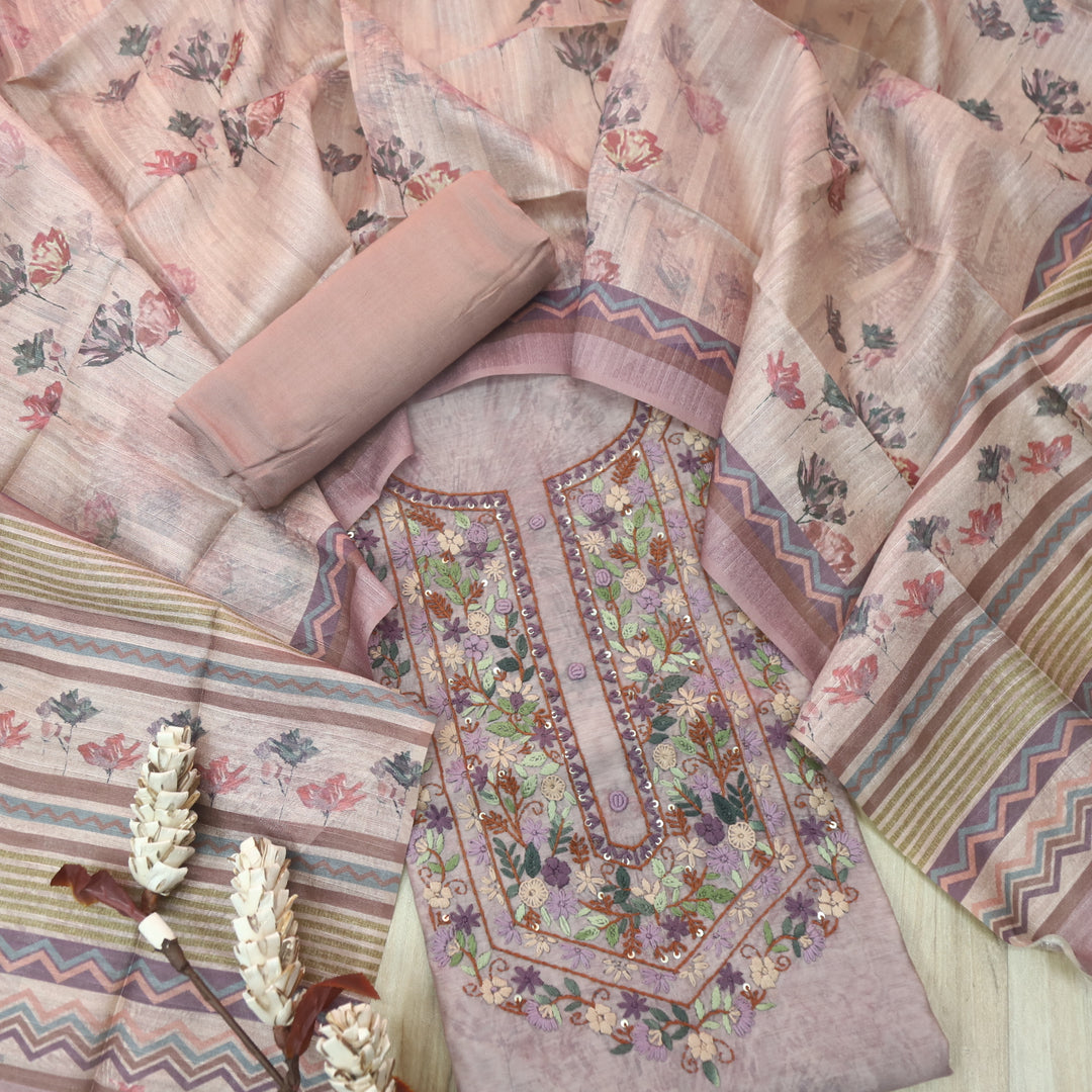 Hazzari Lavish Lavender Thread Embroidered Chanderi Digital Printed Suit Set