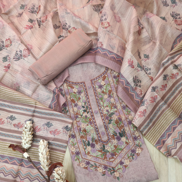 Hazzari Lavish Lavender Thread Embroidered Chanderi Digital Printed Suit Set