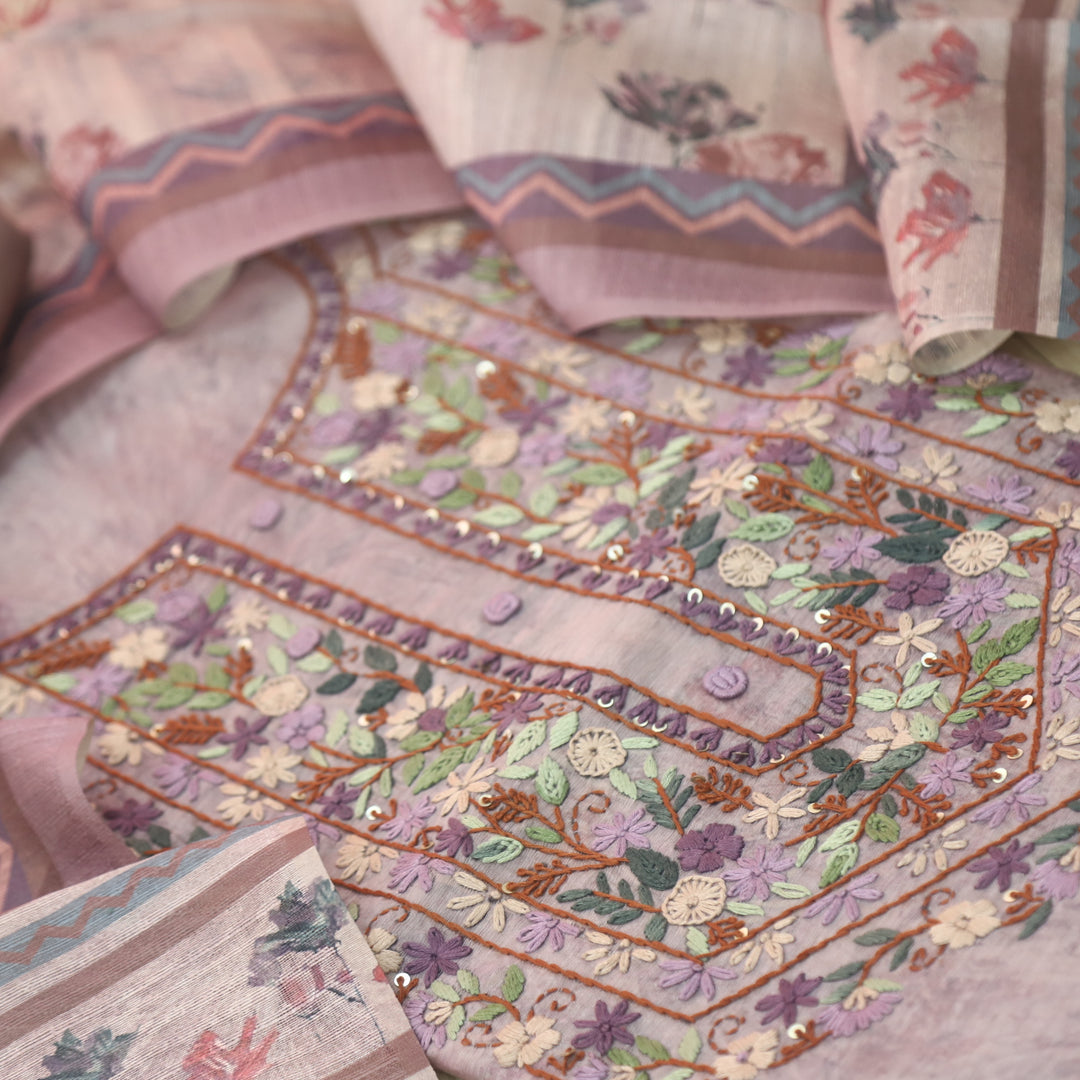 Hazzari Lavish Lavender Thread Embroidered Chanderi Digital Printed Suit Set