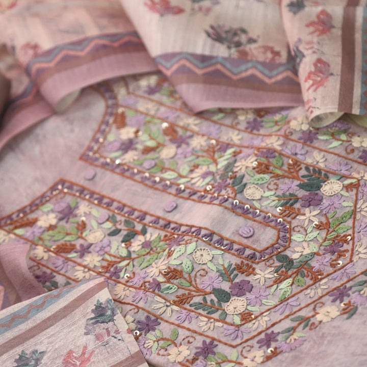 Hazzari Lavish Lavender Thread Embroidered Chanderi Digital Printed Suit Set