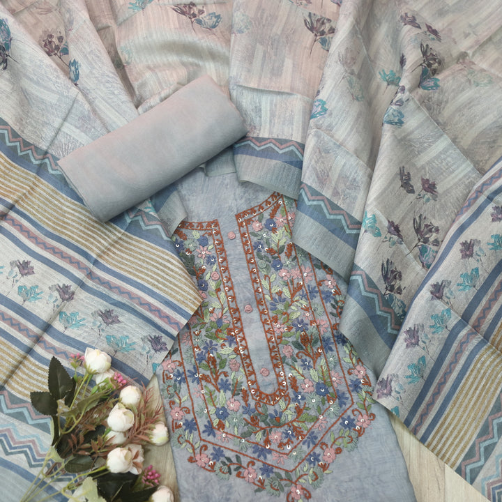 Hazzari Fossil Grey Thread Embroidered Chanderi Digital Printed Suit Set