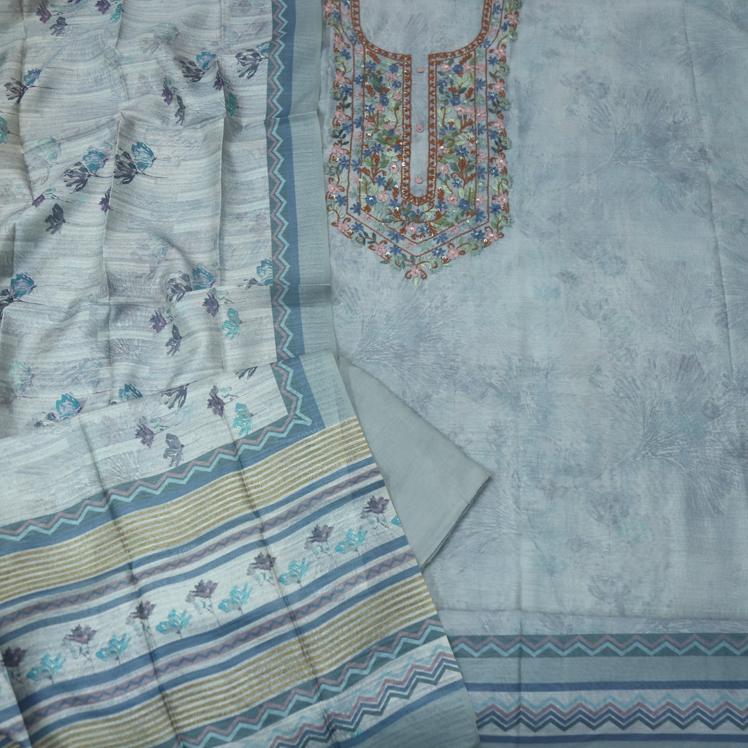 Hazzari Fossil Grey Thread Embroidered Chanderi Digital Printed Suit Set