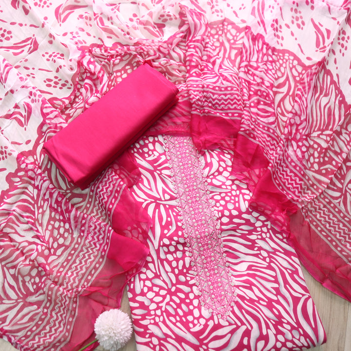 Zulfa Ruby Pink Digital Printed Jam Cotton Top with Chiffon Dupatta
