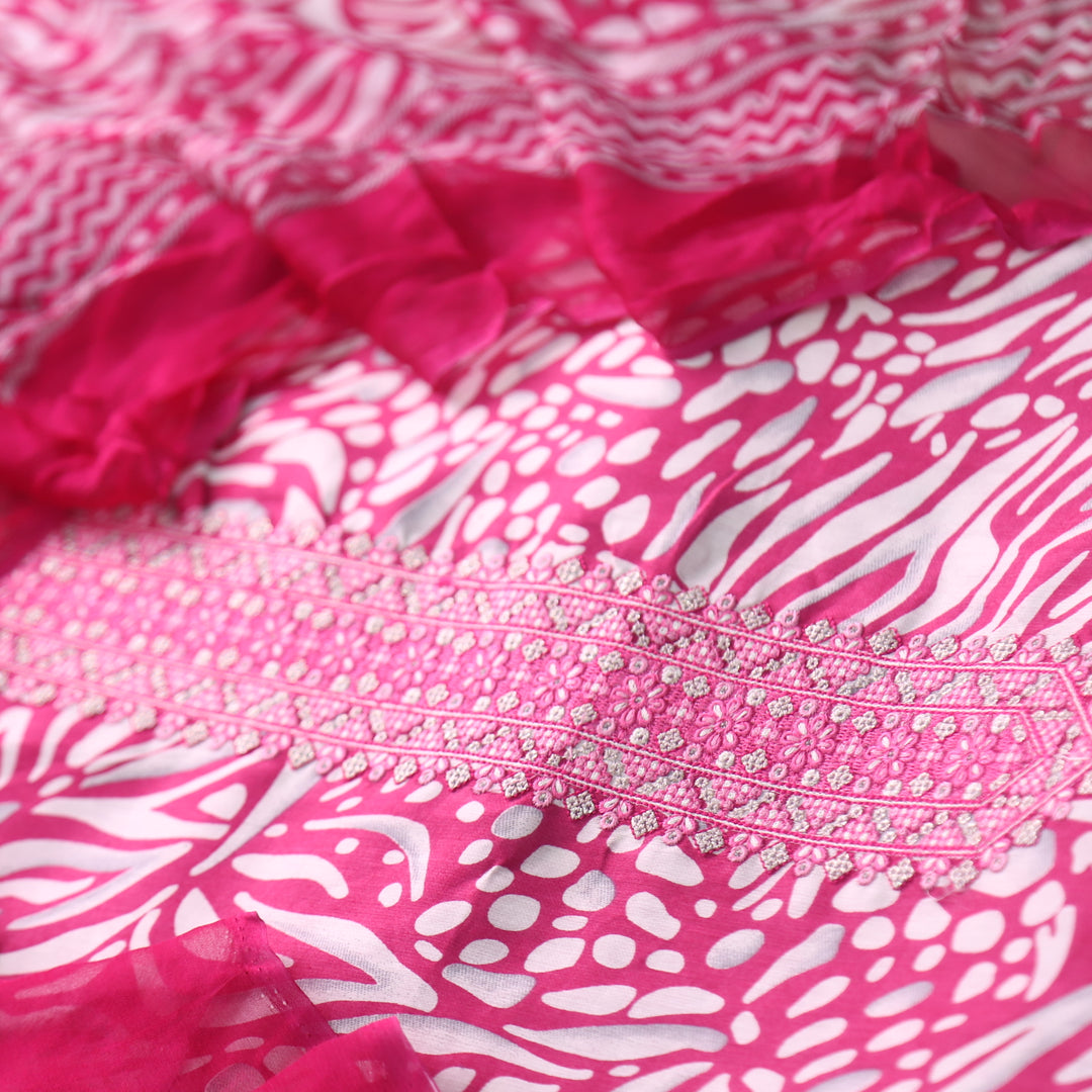 Zulfa Ruby Pink Digital Printed Jam Cotton Top with Chiffon Dupatta