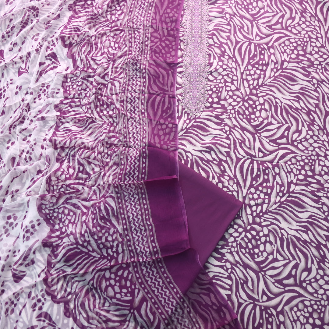 Zulfa Magenta Purple Digital Printed Jam Cotton Top with Chiffon Dupatta