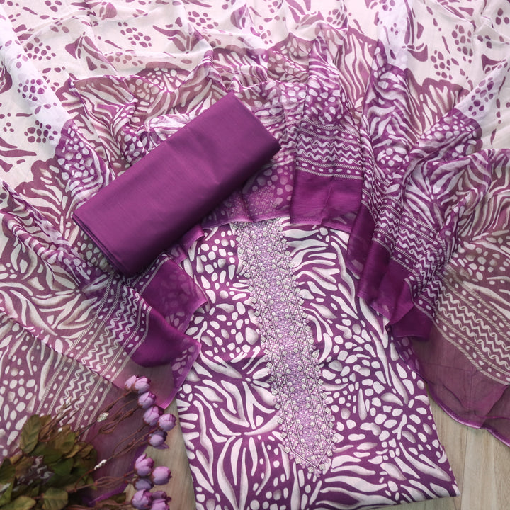 Zulfa Magenta Purple Digital Printed Jam Cotton Top with Chiffon Dupatta