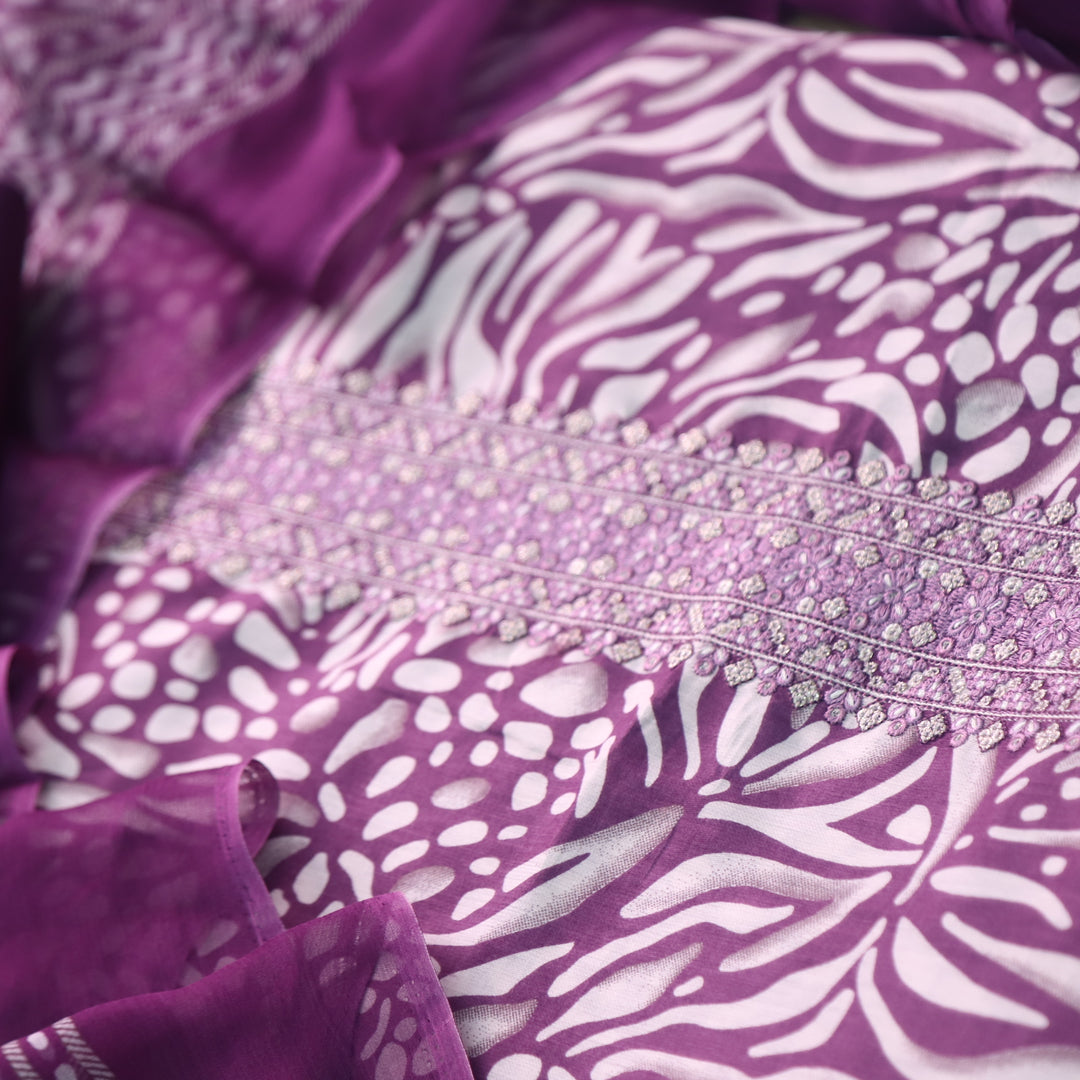 Zulfa Magenta Purple Digital Printed Jam Cotton Top with Chiffon Dupatta