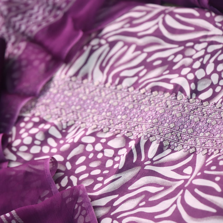 Zulfa Magenta Purple Digital Printed Jam Cotton Top with Chiffon Dupatta