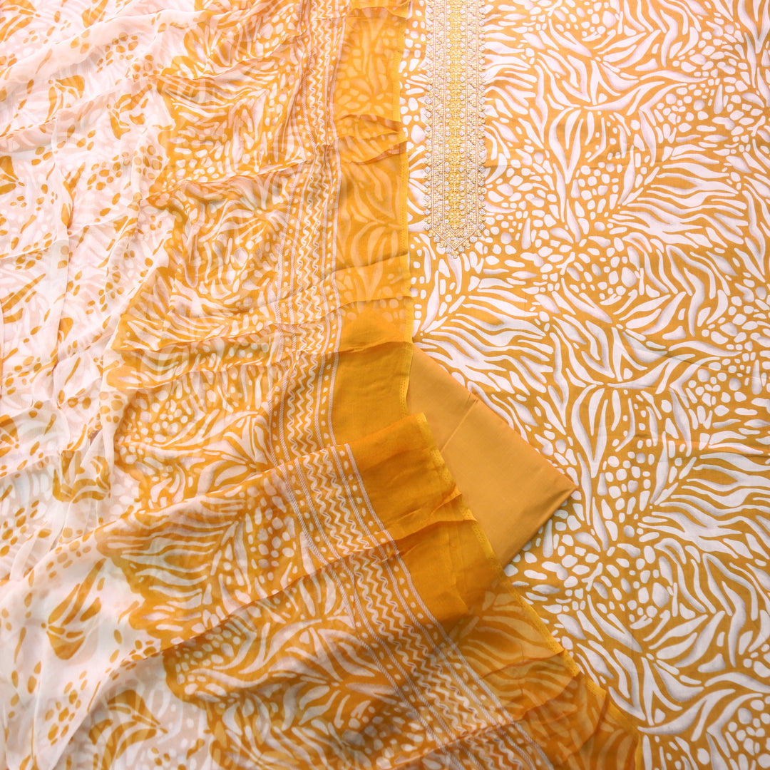 Zulfa Peanut Yellow Digital Printed Jam Cotton Top with Chiffon Dupatta