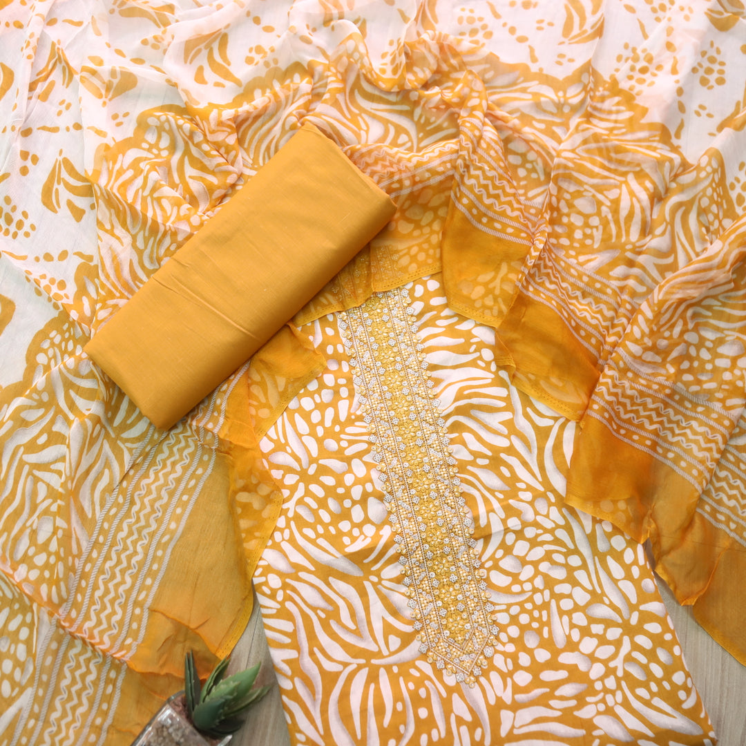 Zulfa Peanut Yellow Digital Printed Jam Cotton Top with Chiffon Dupatta