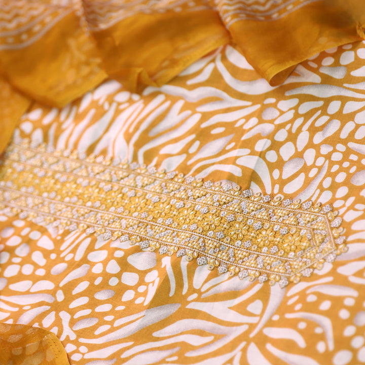 Zulfa Peanut Yellow Digital Printed Jam Cotton Top with Chiffon Dupatta