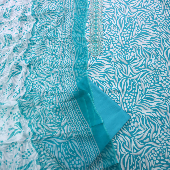 Zulfa Turquoise Blue Digital Printed Jam Cotton Top with Chiffon Dupatta