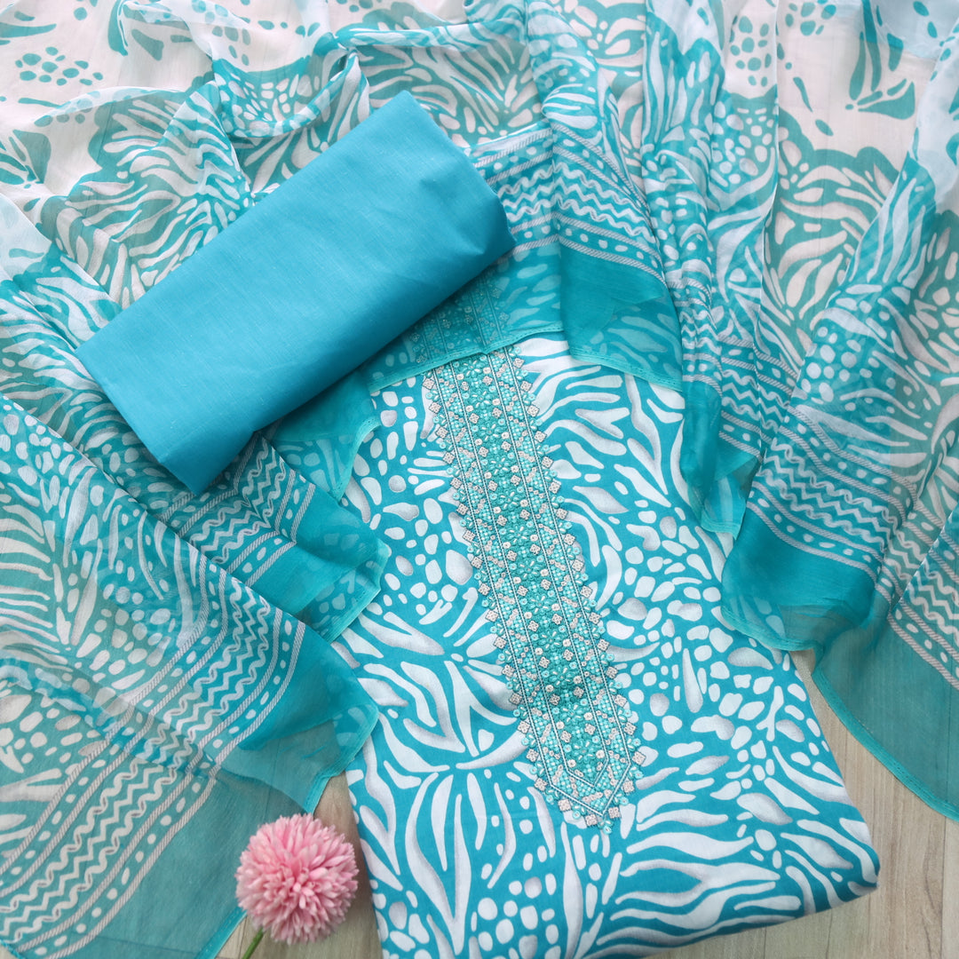 Zulfa Turquoise Blue Digital Printed Jam Cotton Top with Chiffon Dupatta