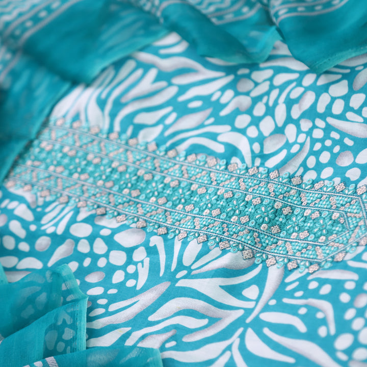 Zulfa Turquoise Blue Digital Printed Jam Cotton Top with Chiffon Dupatta