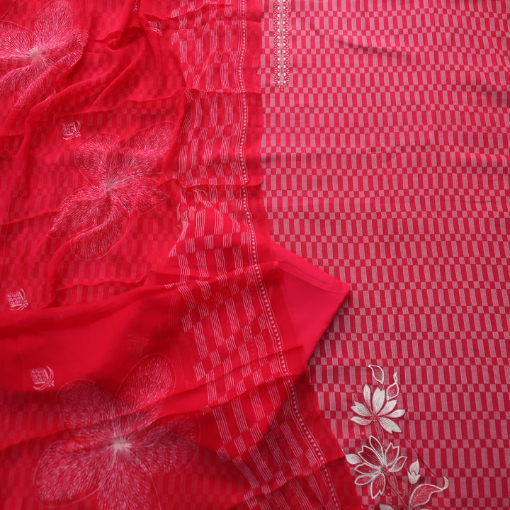 Zulfa Bride Red Printed Jam Cotton Top with Chiffon Dupatta
