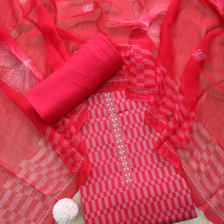Zulfa Bride Red Printed Jam Cotton Top with Chiffon Dupatta