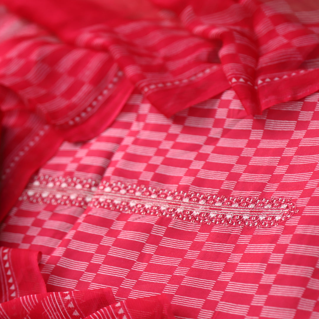 Zulfa Bride Red Printed Jam Cotton Top with Chiffon Dupatta