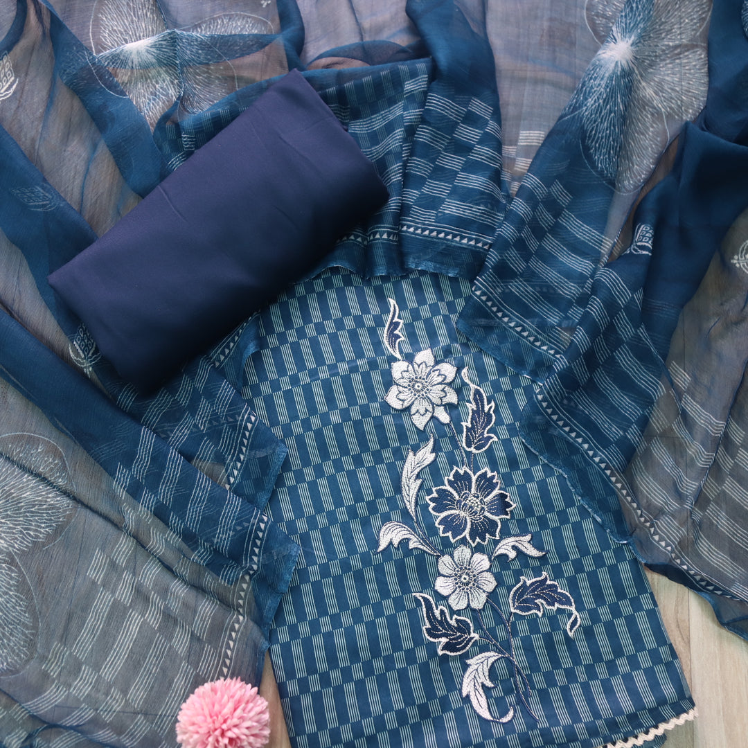Zulfa Navy Blue Printed Jam Cotton Top with Chiffon Dupatta