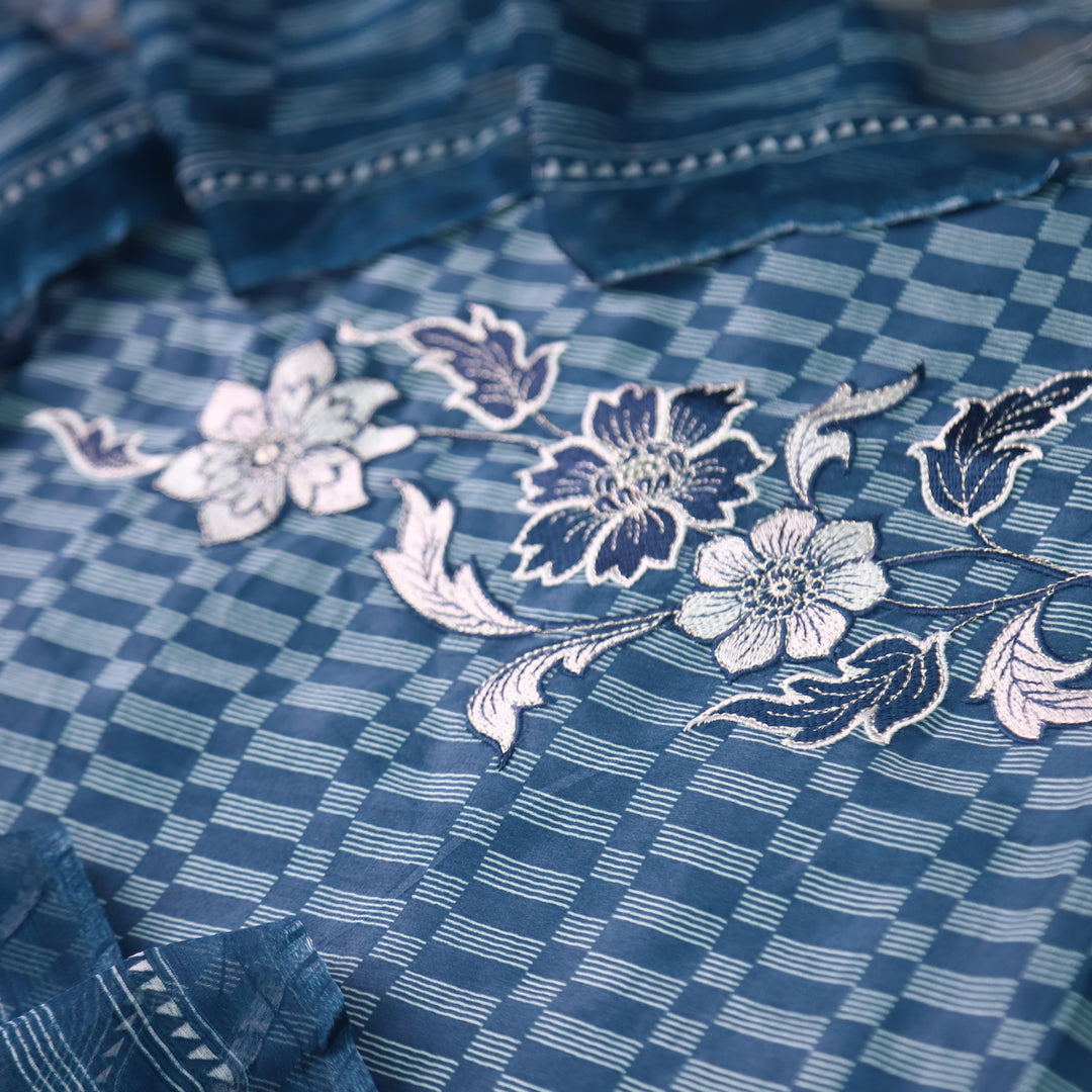 Zulfa Navy Blue Printed Jam Cotton Top with Chiffon Dupatta