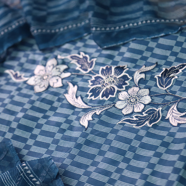 Zulfa Navy Blue Printed Jam Cotton Top with Chiffon Dupatta
