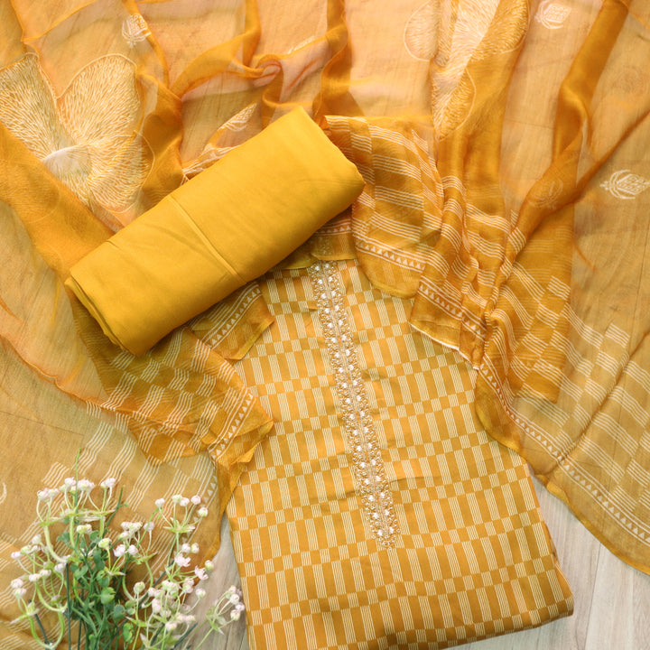 Zulfa Mustrad Yellow Printed Jam Cotton Top with Chiffon Dupatta