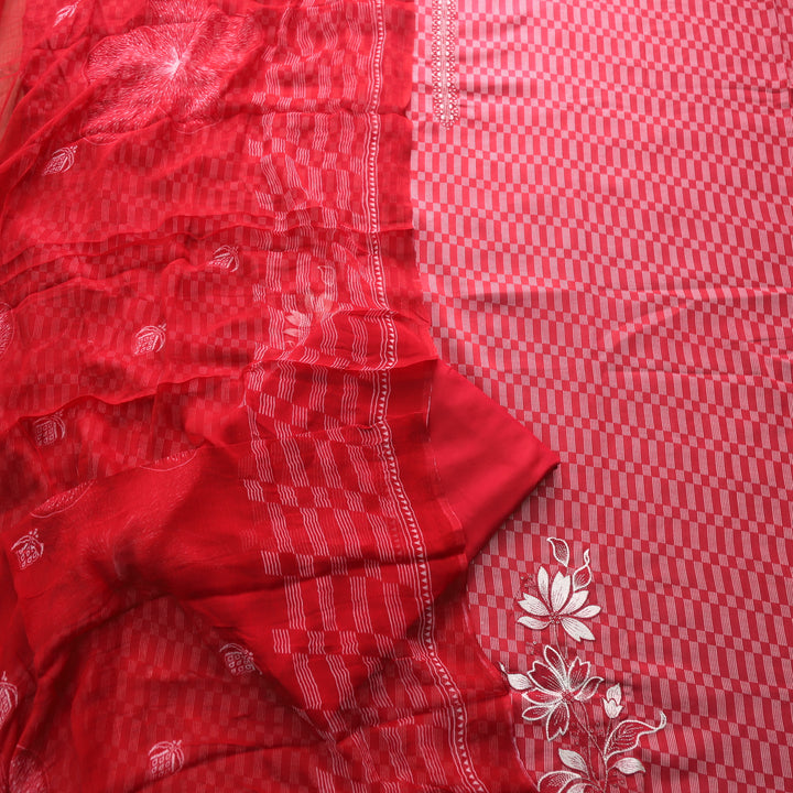 Zulfa Maroon Red Printed Jam Cotton Top with Chiffon Dupatta