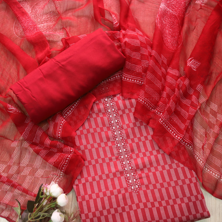 Zulfa Maroon Red Printed Jam Cotton Top with Chiffon Dupatta
