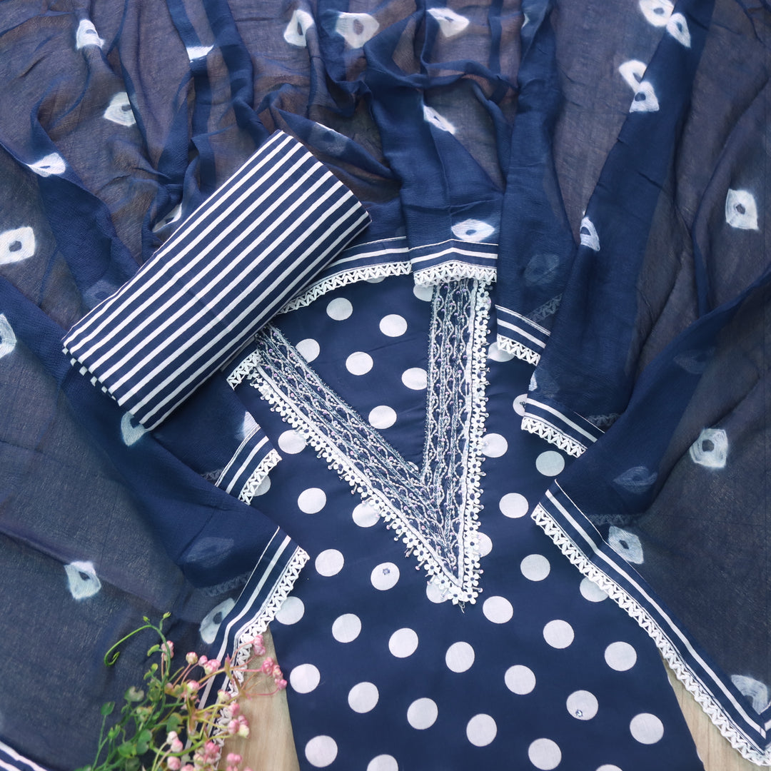Rahi Navy Blue V Neck Kardana Work In Polka Dot Print Cotton Suit Set
