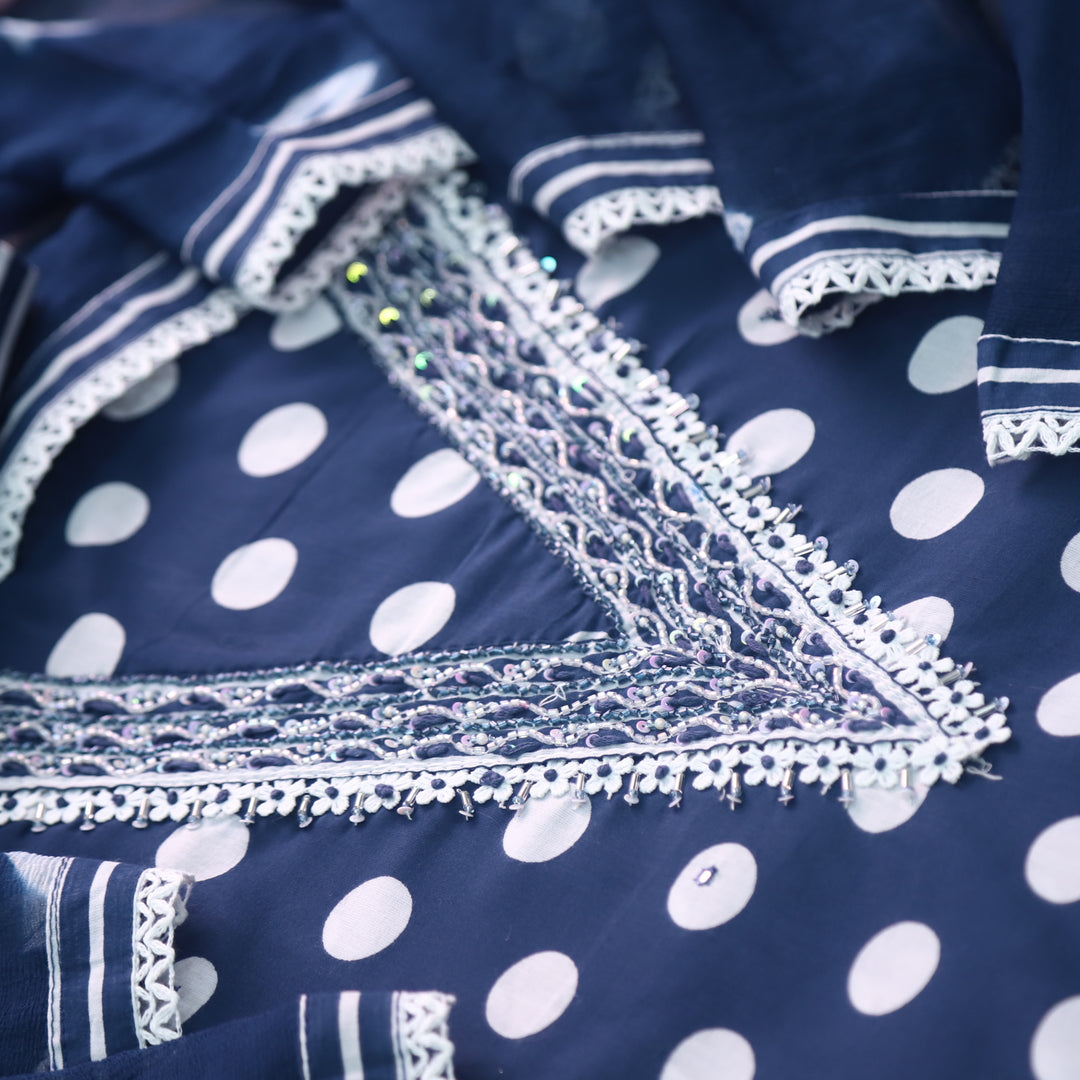 Rahi Navy Blue V Neck Kardana Work In Polka Dot Print Cotton Suit Set