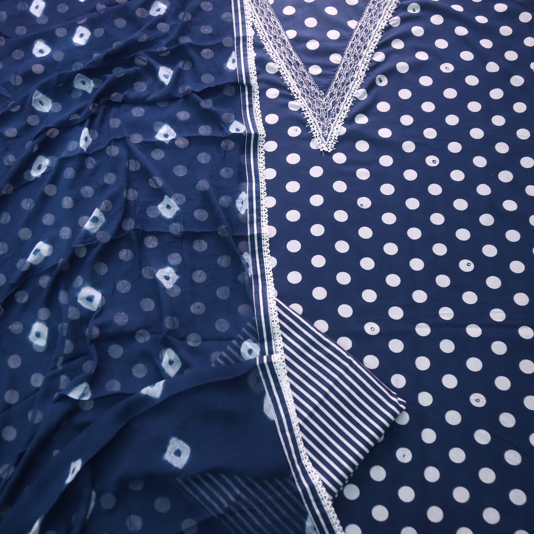 Rahi Navy Blue V Neck Kardana Work In Polka Dot Print Cotton Suit Set